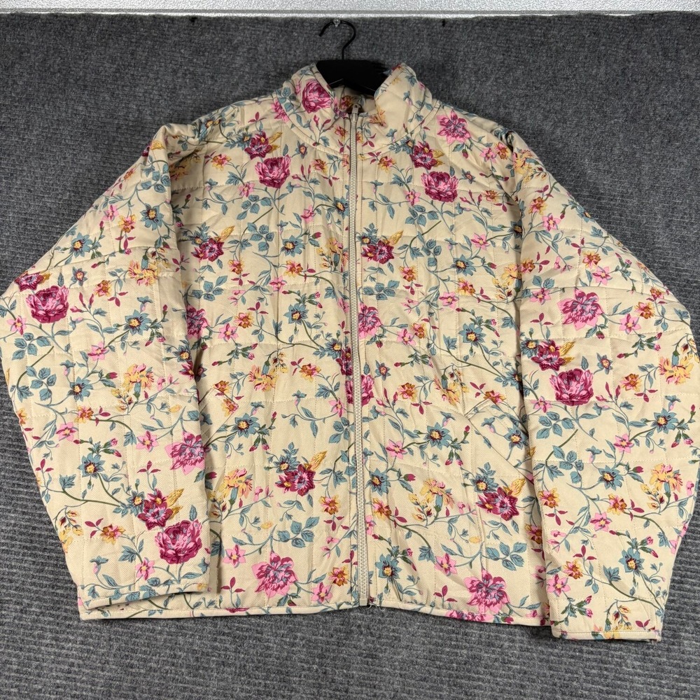 J.NNA Quilted Puffer Jacket Womens Large Cream Floral Excellent Mock Neck Zip